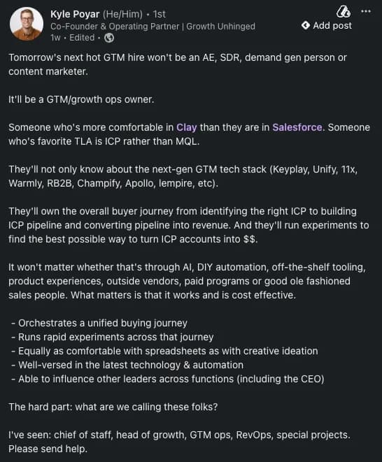 Kyle Norton LinkedIn post about GTM engineers